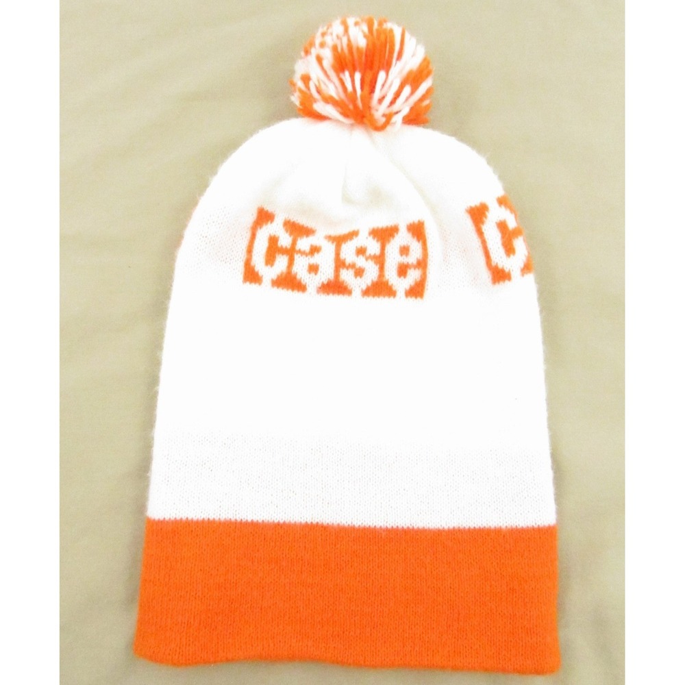 CASE Tractor White Orange Knit Beanie Hat Pom Pom Cap Winter Ski Farm Equipment
